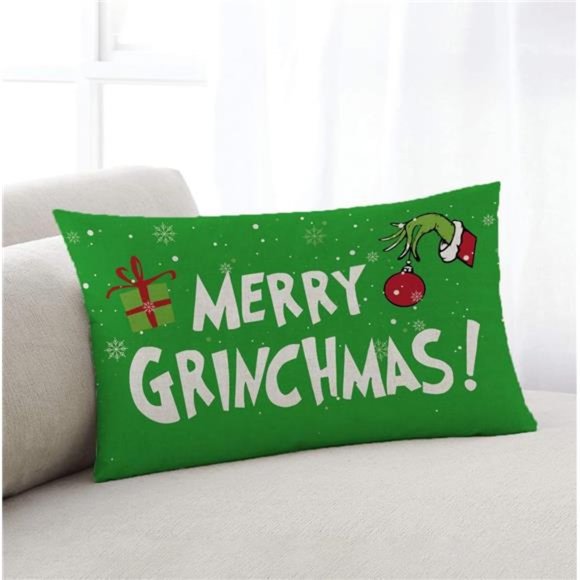 Green Christmas Decor Pillow Cover Christmas Cushion Cover Linen 12 x 20 Inches - Picture 2 of 6